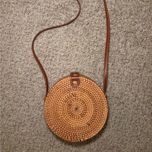 Round Woven Tan Crossbody Bag